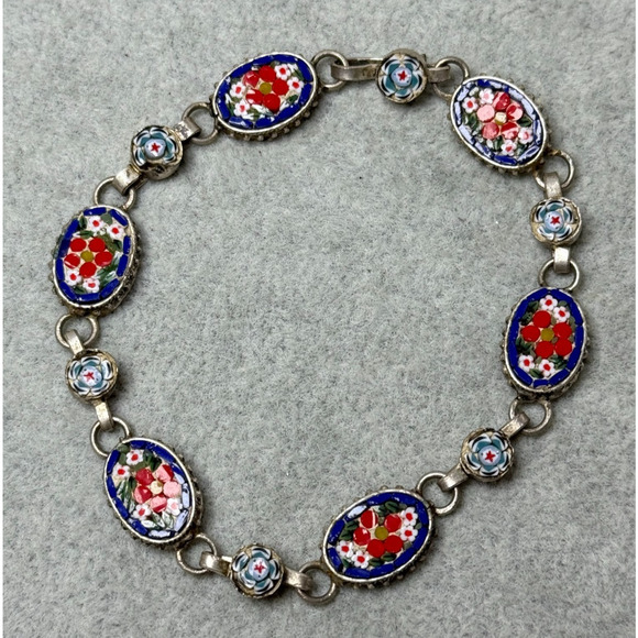 Vintage Italian Micro Mosaic 7.5" Oval Link Bracelet Silver Tone Blue Red Floral - Picture 1 of 5